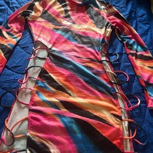 Fashion Nova Pink Orange Long Sleeve Bodycon Dress